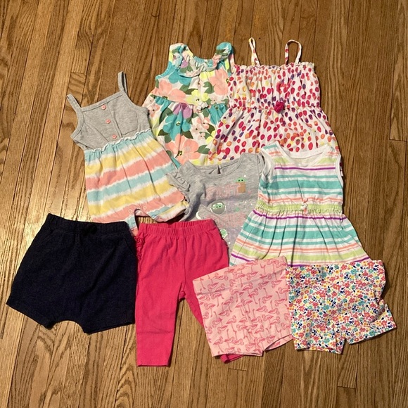 6-12 month summer lot. 3 shorts, 1 pants, 1 tee, 2 dresses, 2 rompers. - Picture 1 of 5